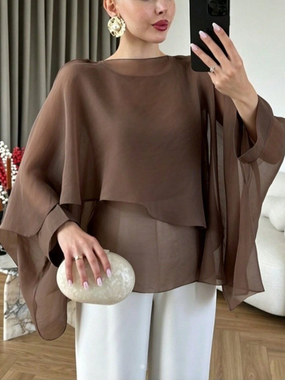 Coffee Brown Casual Women's Asymmetrical Hem Chiffon Batwing Top